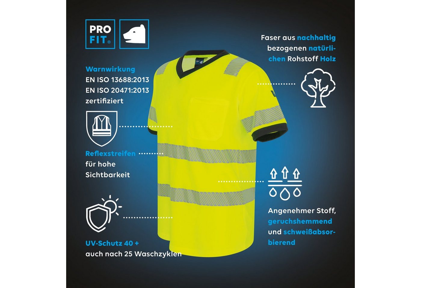 PRO FIT T-Shirt Warnschutz, Arbeits-Shirt, Warnshirt - Neongelb (1, Stück) Atmungsaktiv, Reflexstreifen, UV-Schutz, Allergiker geeignet, Unisex – Bild 2 von 5