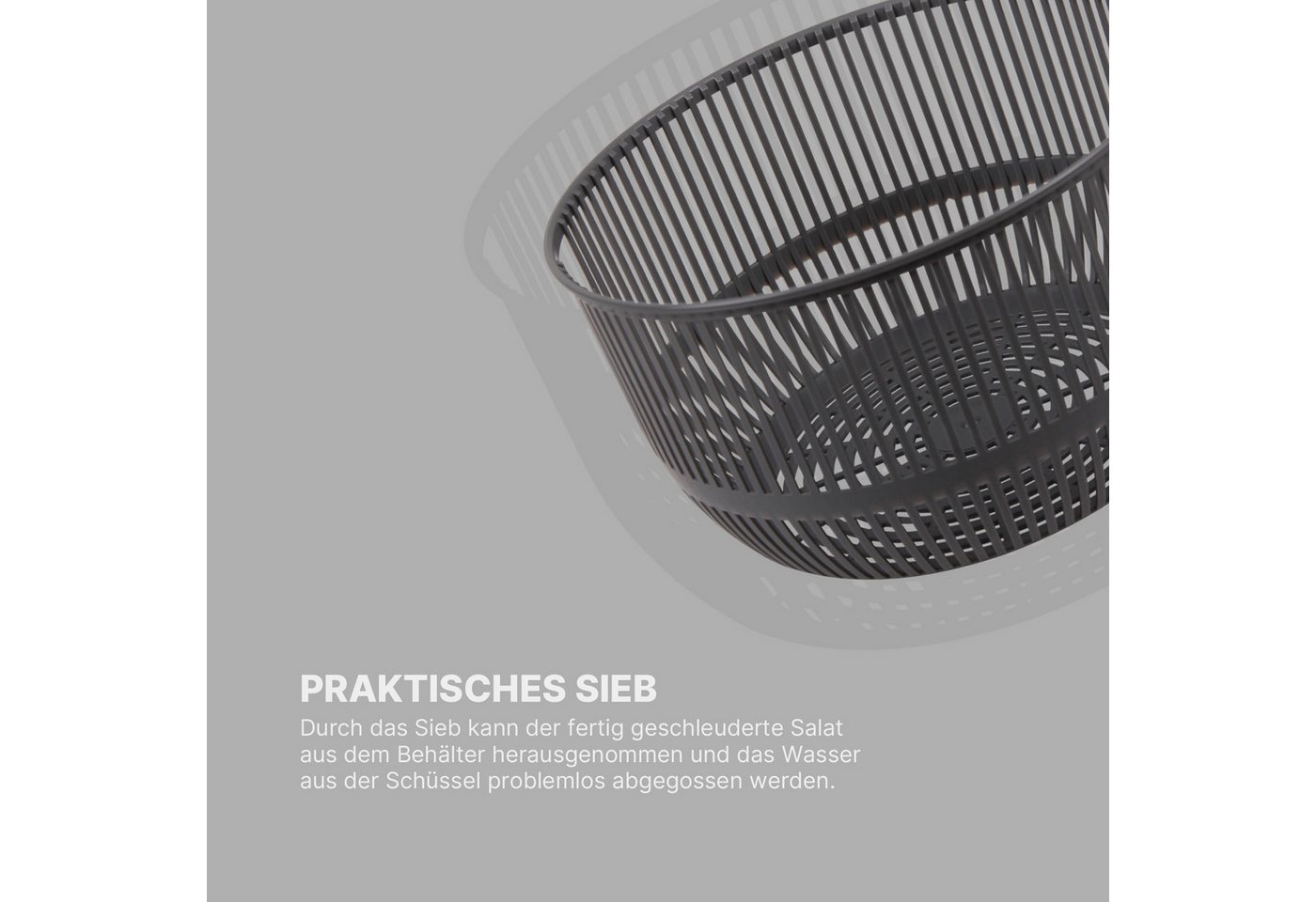 Pro Home Salatschleuder 3D Kurbel, (2,7 Liter / Ø20cm, 3in1 - Schleuder, Sieb und Salatschüssel), Salattrockner - Schleudern ohne Kraftaufwand, Spülmaschinenfes – Bild 4 von 5