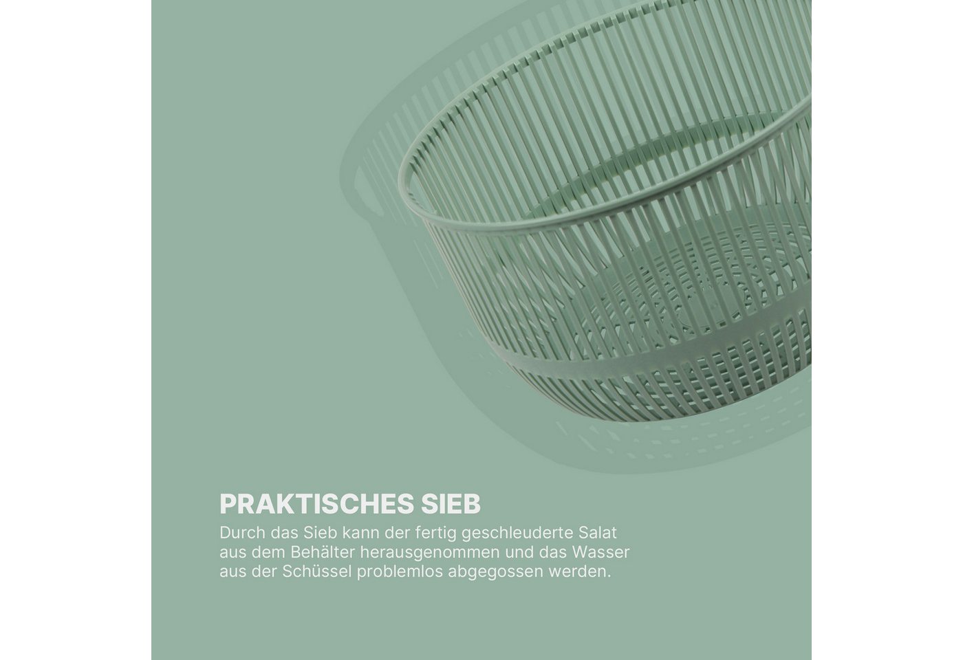 Pro Home Salatschleuder 3D Kurbel, (4 Liter / Ø25cm, 3in1 - Schleuder, Sieb und Salatschüssel), Salattrockner - Schleudern ohne Kraftaufwand, Spülmaschinenfest – Bild 4 von 5