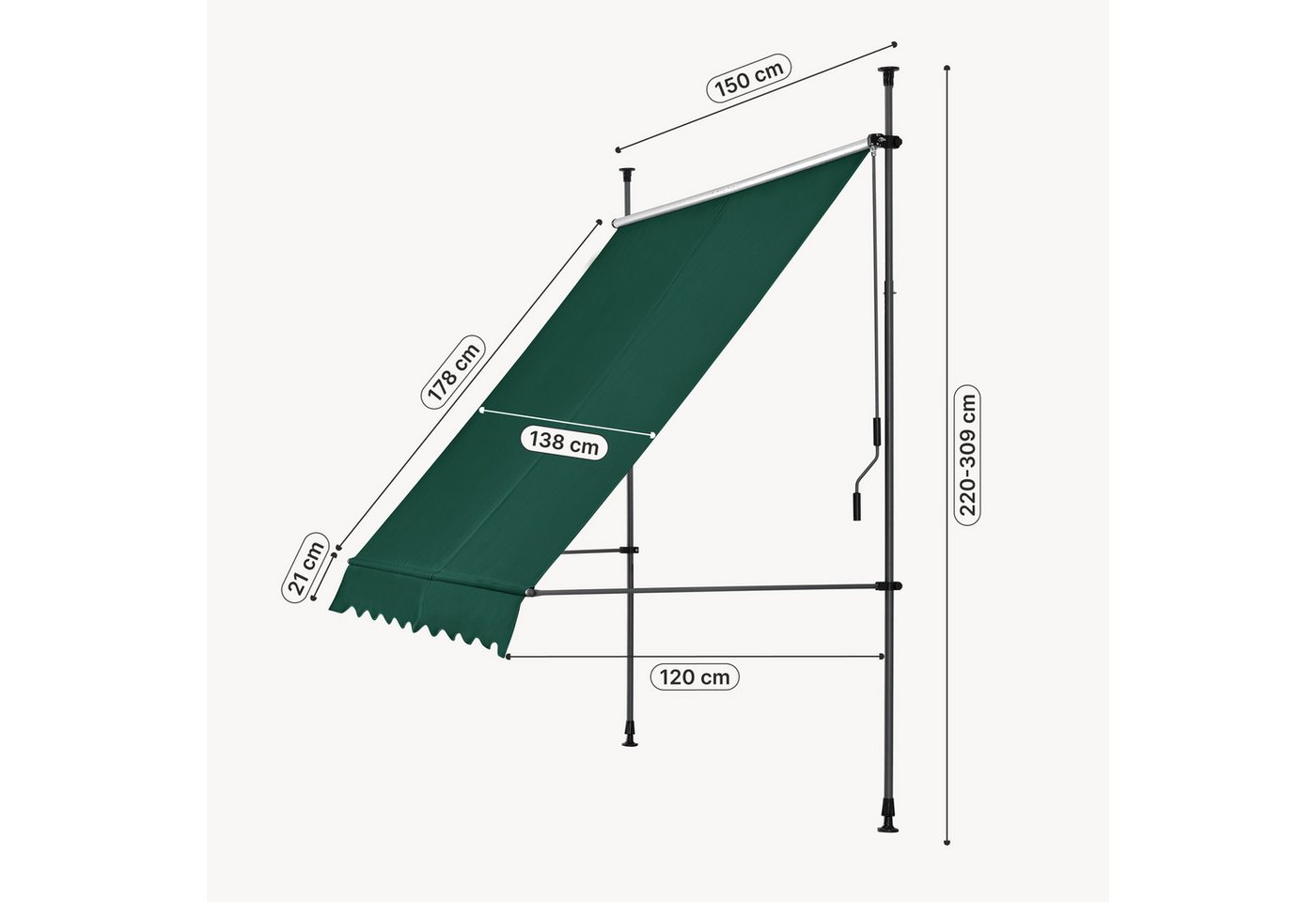 pro.tec Klemmmarkise »Stem« ohne Bohren Stahlgestell 150x120x220-309 cm Dunkelgrün – Bild 4 von 5