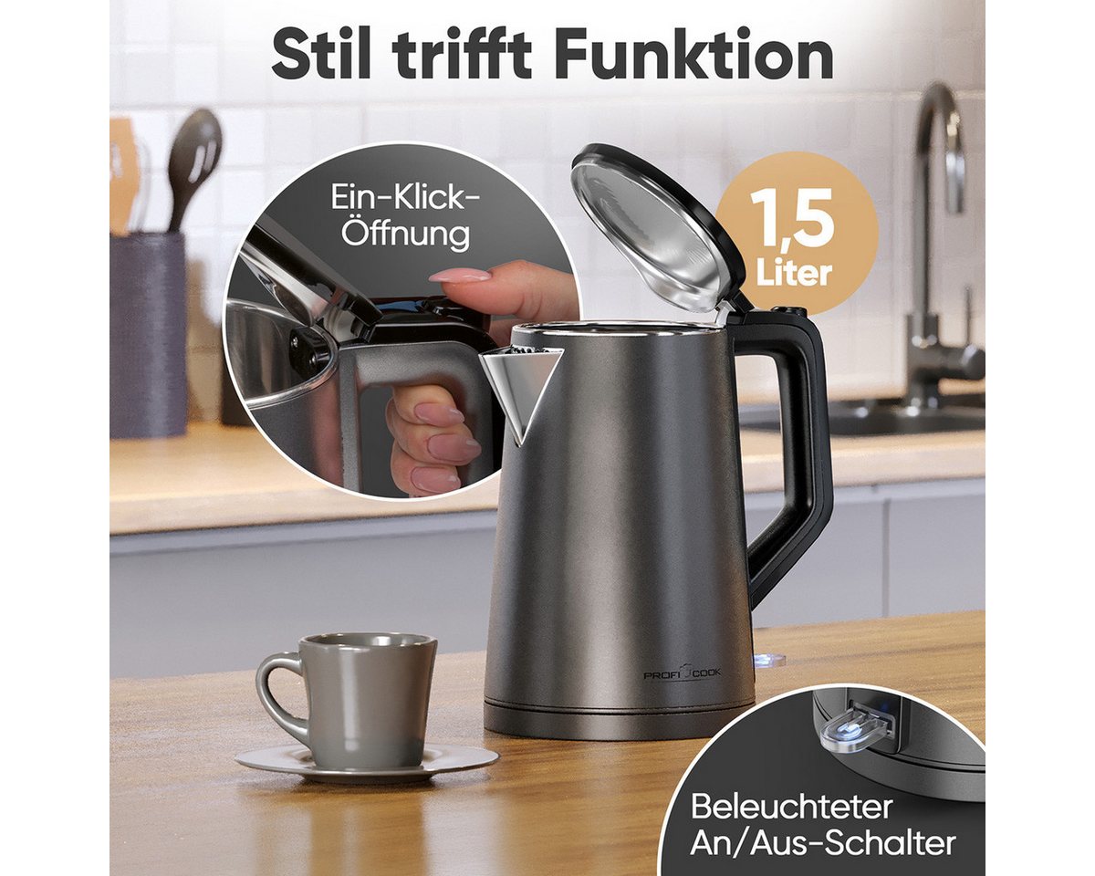 ProfiCook Wasserkocher PC-WK 1290, Wasserkocher 1,5L, 2200W, mattes Gehäuse – Bild 4 von 5