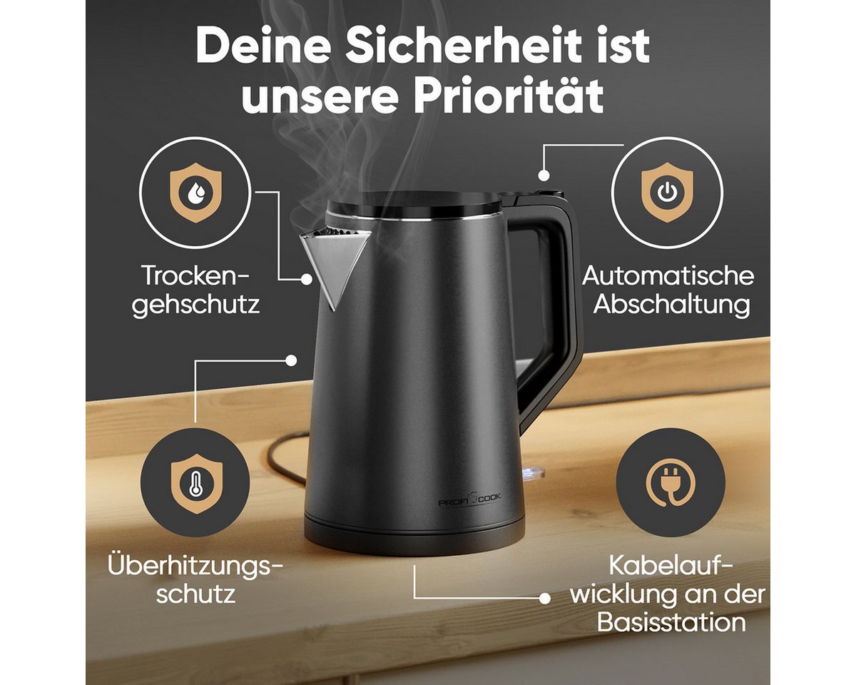 ProfiCook Wasserkocher PC-WK 1290, Wasserkocher 1,5L, 2200W, mattes Gehäuse – Bild 5 von 5