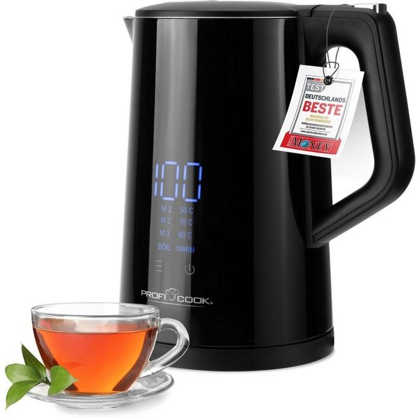 ProfiCook Wasserkocher PC-WKS 1243, 1,7 L Temperatureinstellung 50°-100°C, Soll & Ist Temperaturanzeige