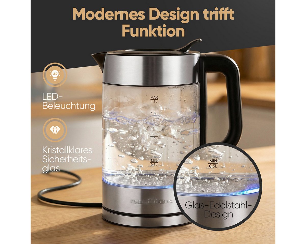 ProfiCook Wasserkocher PC-WKS 1322 G, Wasserkocher Glas, 1,7L, 2200W, BPA frei – Bild 3 von 5