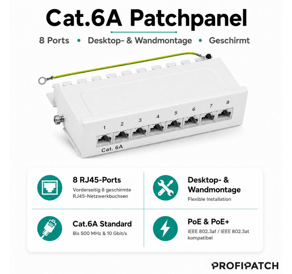 ProfiPatch Patchpanel Verteilerfeld Cat. 6A Desktop Netzwerk-Patch-Panel (8 Ports, 1 HE) – Bild 2 von 5