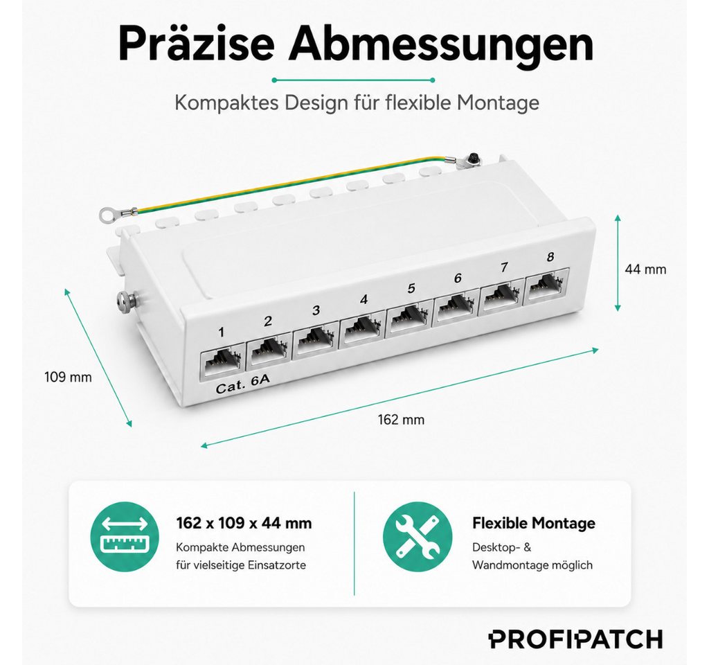ProfiPatch Patchpanel Verteilerfeld Cat. 6A Desktop Netzwerk-Patch-Panel (8 Ports, 1 HE) – Bild 3 von 5