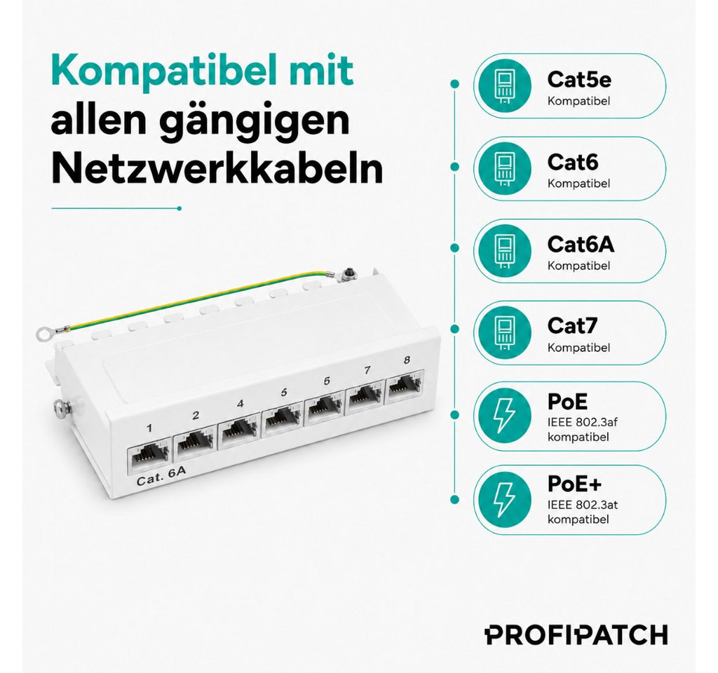 ProfiPatch Patchpanel Verteilerfeld Cat. 6A Desktop Netzwerk-Patch-Panel (8 Ports, 1 HE) – Bild 5 von 5