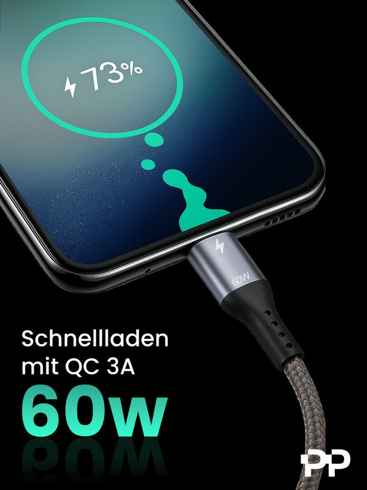 ProfiPatch ProfiPatch USB A auf USB C Kabel 60W 3A 0,5m grau Goldkontakt Textil USB-Kabel – Bild 2 von 5