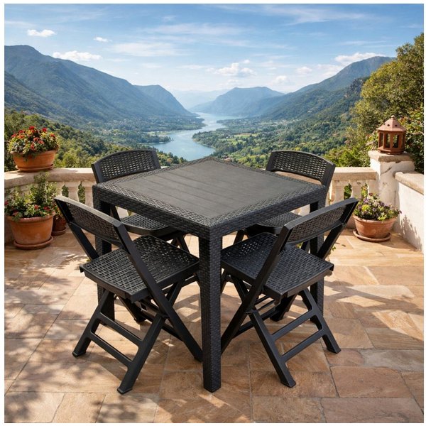 Progarden Garten-Essgruppe Gartenmöbel Kunststoff Anthrazit 5 Tlg. Set, (Set, 5-tlg., Tisch + 4 Klappstühle), UV-Beständig, Robust, Wetterfest, Made in Italy, H
