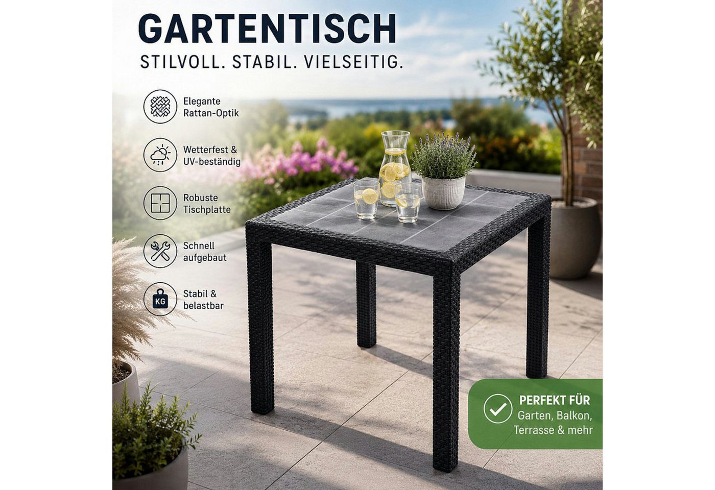 Progarden Gartentisch Kunststoff Anthrazit Rattanoptik Bistro 80 x 80 cm (Stück, 1-St., Packung), UV-Beständig, Robust, Wetterfest, Made in Italy, Hochwertig – Bild 4 von 5