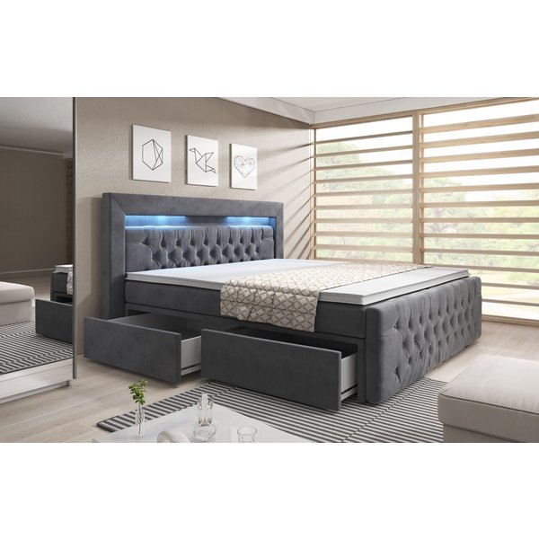 PROMETO Möbel Boxspringbett ARONA - Matratze, 2 Schubladen und Topper, LED und Chesterfield, mit 2 Schubladen, mit Topper und Matratze