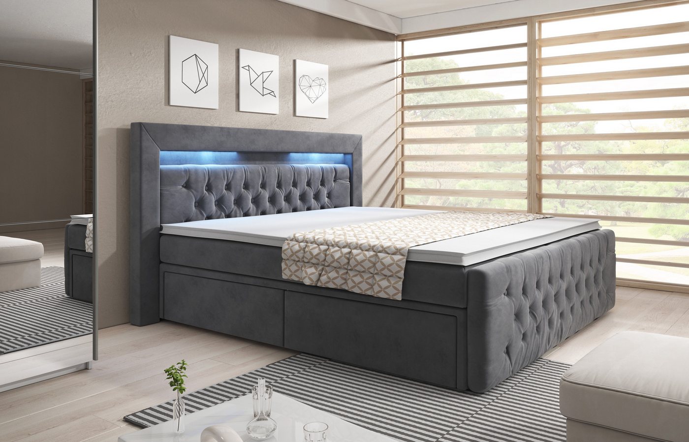 PROMETO Möbel Boxspringbett ARONA - Matratze, 2 Schubladen und Topper, LED und Chesterfield, mit 2 Schubladen, mit Topper und Matratze – Bild 2 von 4
