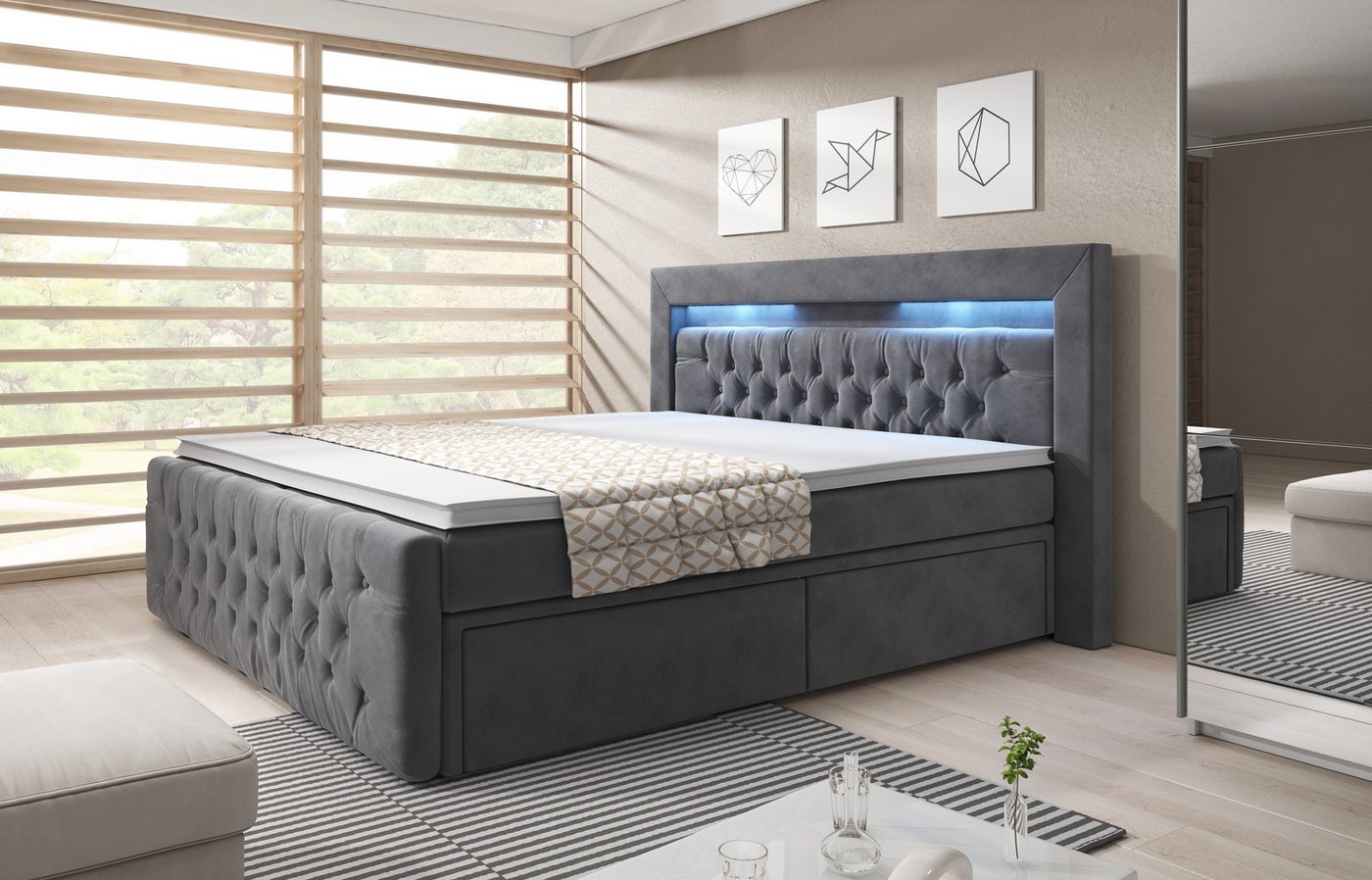 PROMETO Möbel Boxspringbett ARONA - Matratze, 2 Schubladen und Topper, LED und Chesterfield, mit 2 Schubladen, mit Topper und Matratze – Bild 3 von 4