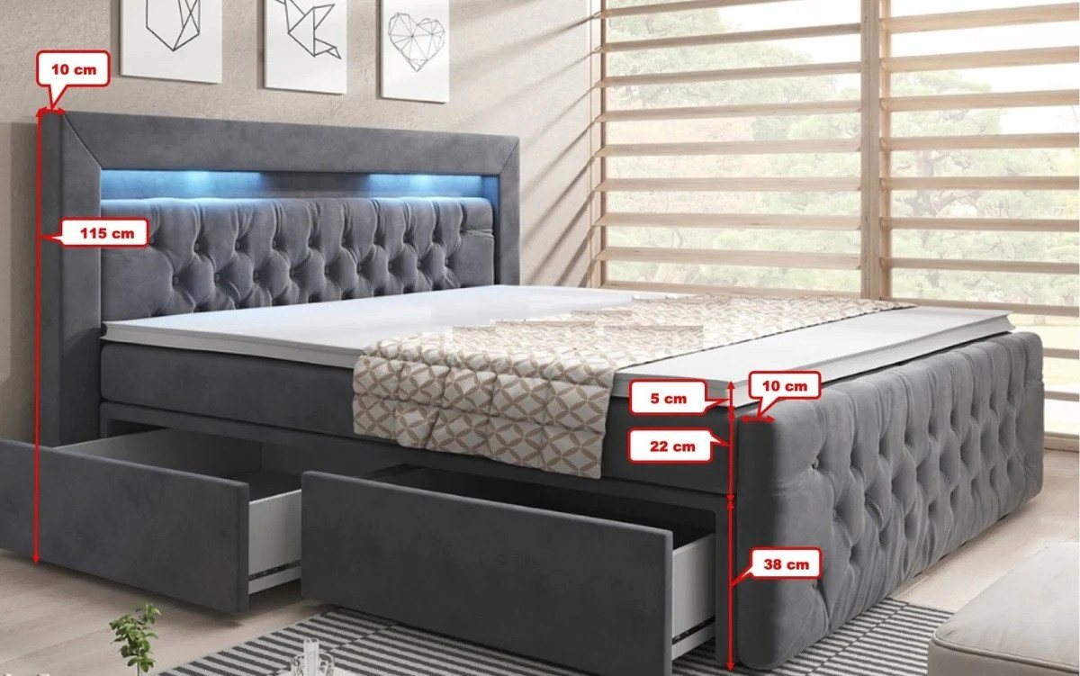 PROMETO Möbel Boxspringbett ARONA - Matratze, 2 Schubladen und Topper, LED und Chesterfield, mit 2 Schubladen, mit Topper und Matratze – Bild 4 von 4