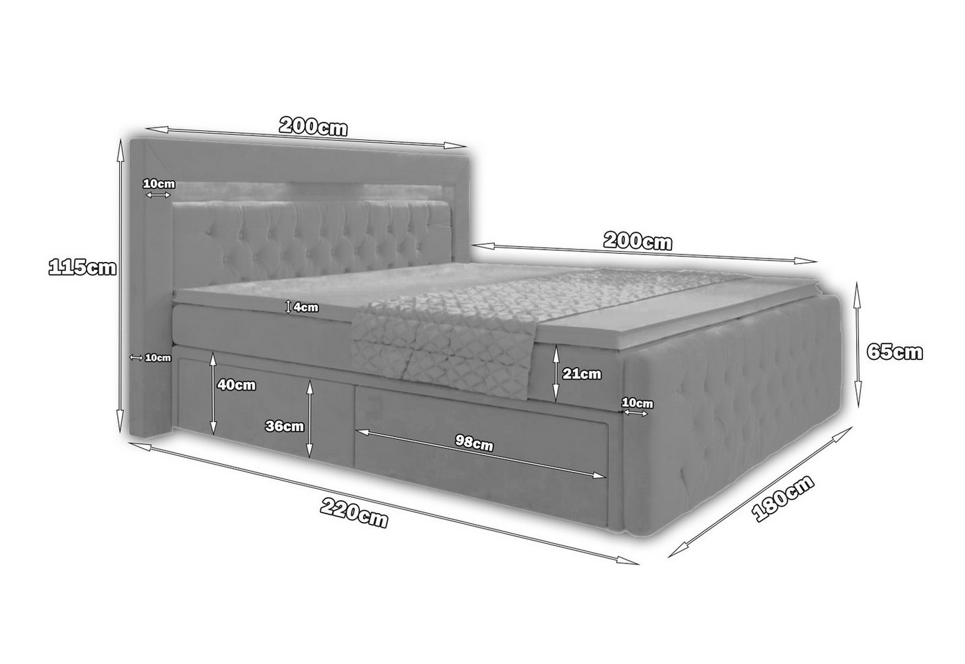 PROMETO Möbel Boxspringbett Arosa 7-Zonen-Taschenfederkernmatratze 180 x 200 cm - LED 16 Farben – Bild 4 von 5