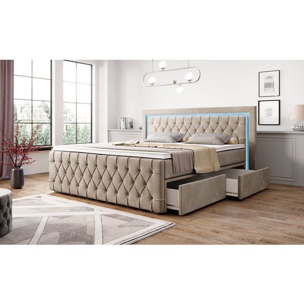 PROMETO Möbel Boxspringbett Arosa 7-Zonen-Taschenfederkernmatratze 180 x 200 cm - LED 16 Farben