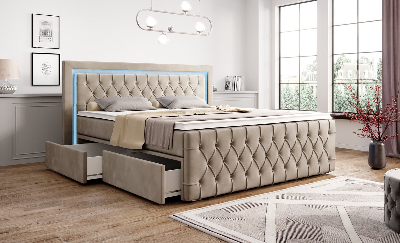 PROMETO Möbel Boxspringbett Arosa 7-Zonen-Taschenfederkernmatratze 180 x 200 cm - LED 16 Farben – Bild 3 von 5