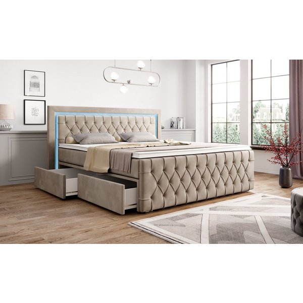 PROMETO Möbel Boxspringbett Arosa 7-Zonen-Taschenfederkernmatratze 180 x 200 cm - LED 16 Farben