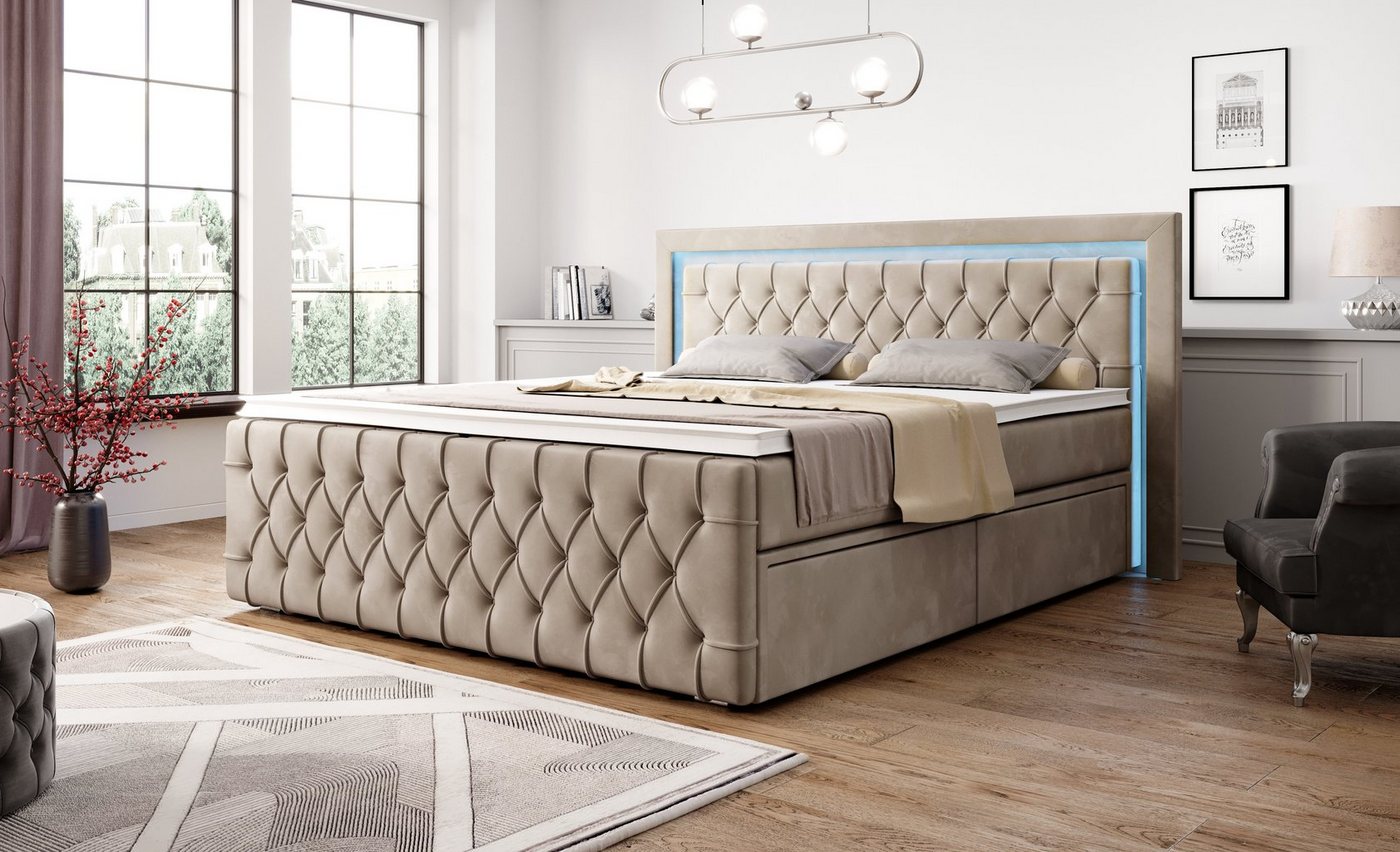 PROMETO Möbel Boxspringbett Arosa 7-Zonen-Taschenfederkernmatratze 180 x 200 cm - LED 16 Farben – Bild 2 von 5