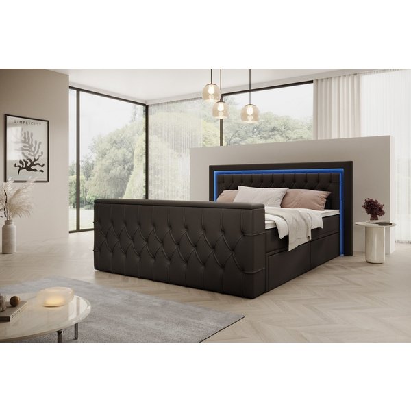 PROMETO Möbel Boxspringbett Doppelbett 180x200 mit Matratze, Schubladen TV-Lift LED Beleuchtung, inkl. 7-Zonen-Taschenfederkernmatratze, TV-Lift im Fußteil, Top