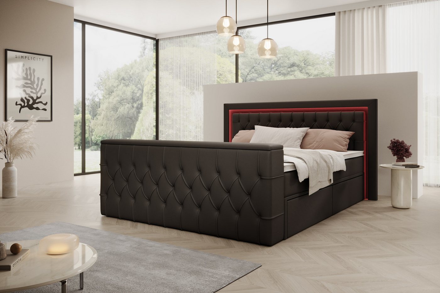 PROMETO Möbel Boxspringbett Doppelbett 180x200 mit Matratze, Schubladen TV-Lift LED Beleuchtung, inkl. 7-Zonen-Taschenfederkernmatratze, TV-Lift im Fußteil, Top – Bild 2 von 5