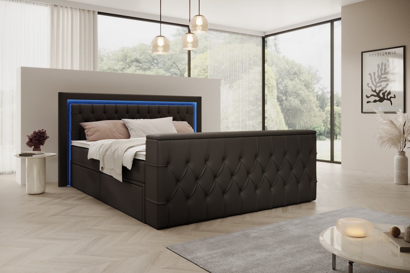 PROMETO Möbel Boxspringbett Doppelbett 180x200 mit Matratze, Schubladen TV-Lift LED Beleuchtung, inkl. 7-Zonen-Taschenfederkernmatratze, TV-Lift im Fußteil, Top – Bild 3 von 5