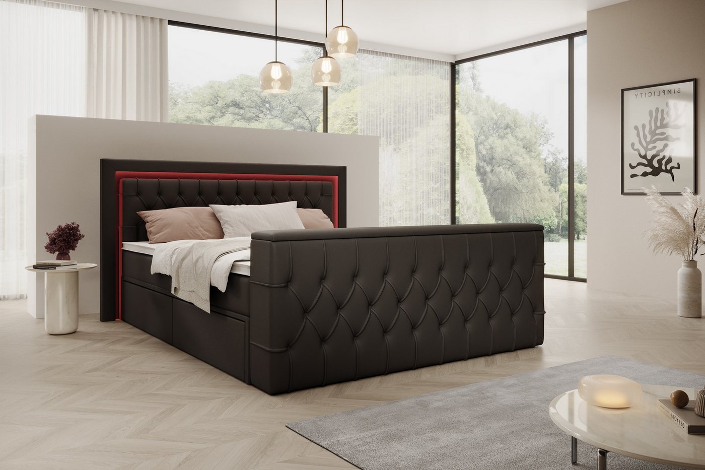 PROMETO Möbel Boxspringbett Doppelbett 180x200 mit Matratze, Schubladen TV-Lift LED Beleuchtung, inkl. 7-Zonen-Taschenfederkernmatratze, TV-Lift im Fußteil, Top – Bild 4 von 5