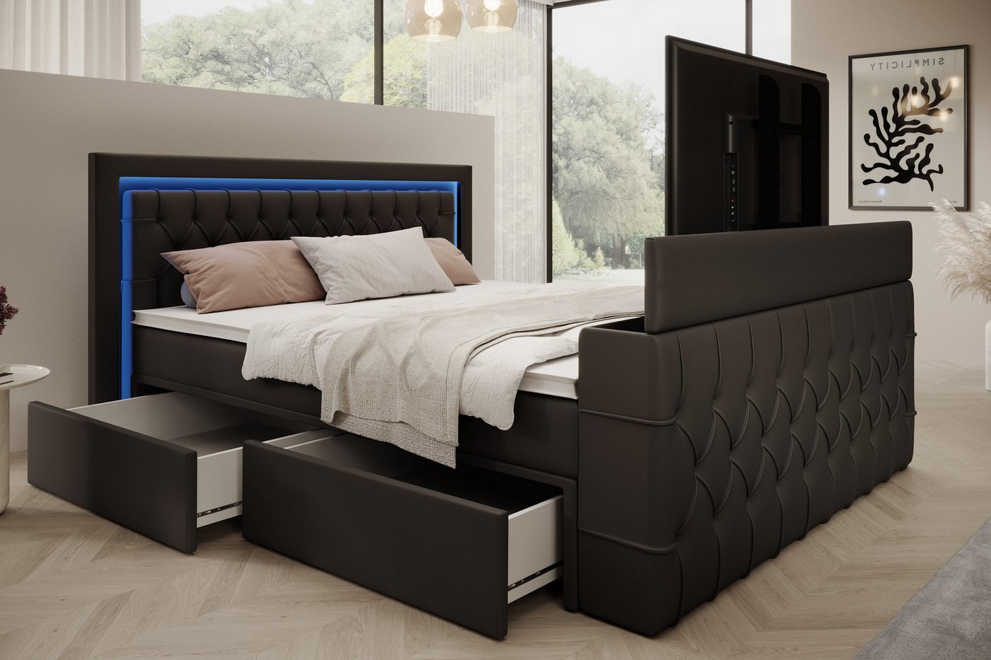 PROMETO Möbel Boxspringbett Doppelbett 180x200 mit Matratze, Schubladen TV-Lift LED Beleuchtung, inkl. 7-Zonen-Taschenfederkernmatratze, TV-Lift im Fußteil, Top – Bild 5 von 5