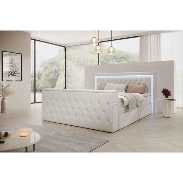 PROMETO Möbel Boxspringbett Doppelbett 180x200 mit Matratze, Schubladen TV-Lift LED Beleuchtung, inkl. 7-Zonen-Taschenfederkernmatratze, TV-Lift im Fußteil, Top