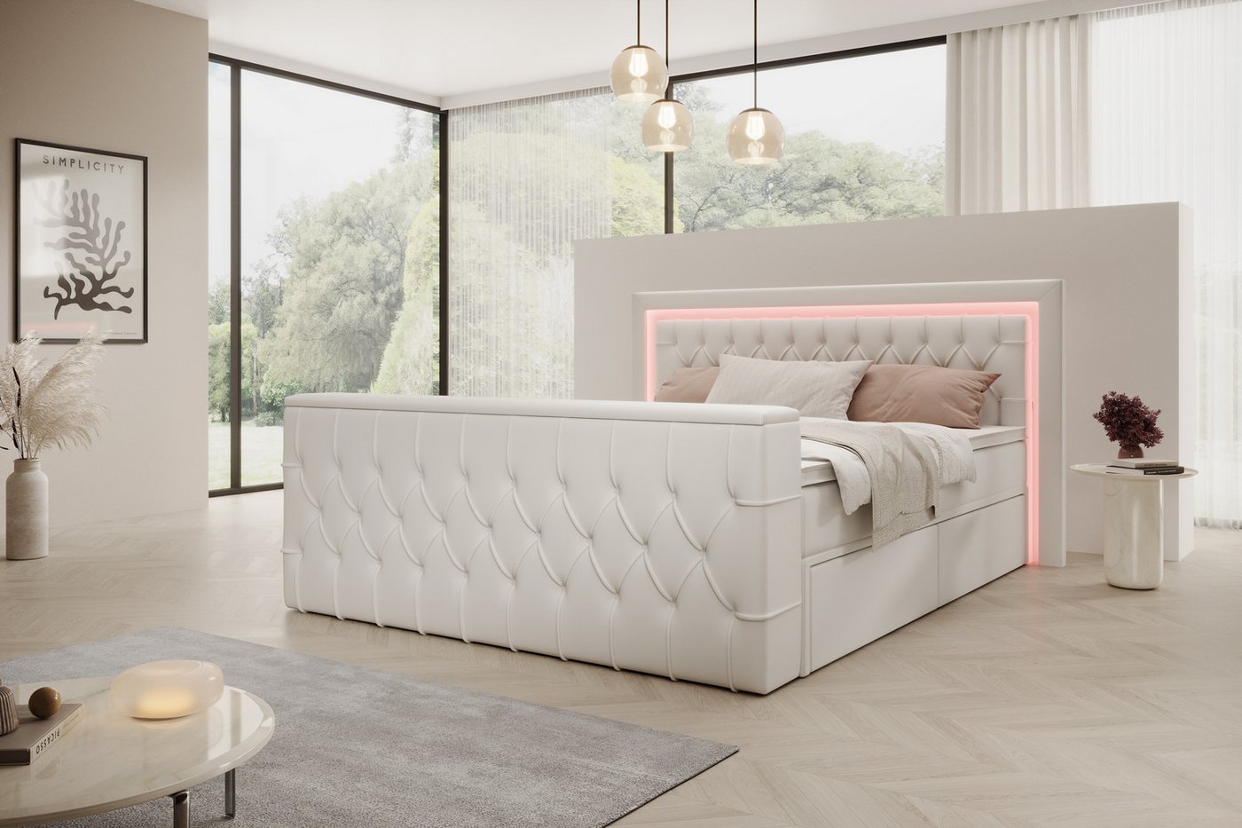 PROMETO Möbel Boxspringbett Doppelbett 180x200 mit Matratze, Schubladen TV-Lift LED Beleuchtung, inkl. 7-Zonen-Taschenfederkernmatratze, TV-Lift im Fußteil, Top – Bild 2 von 5