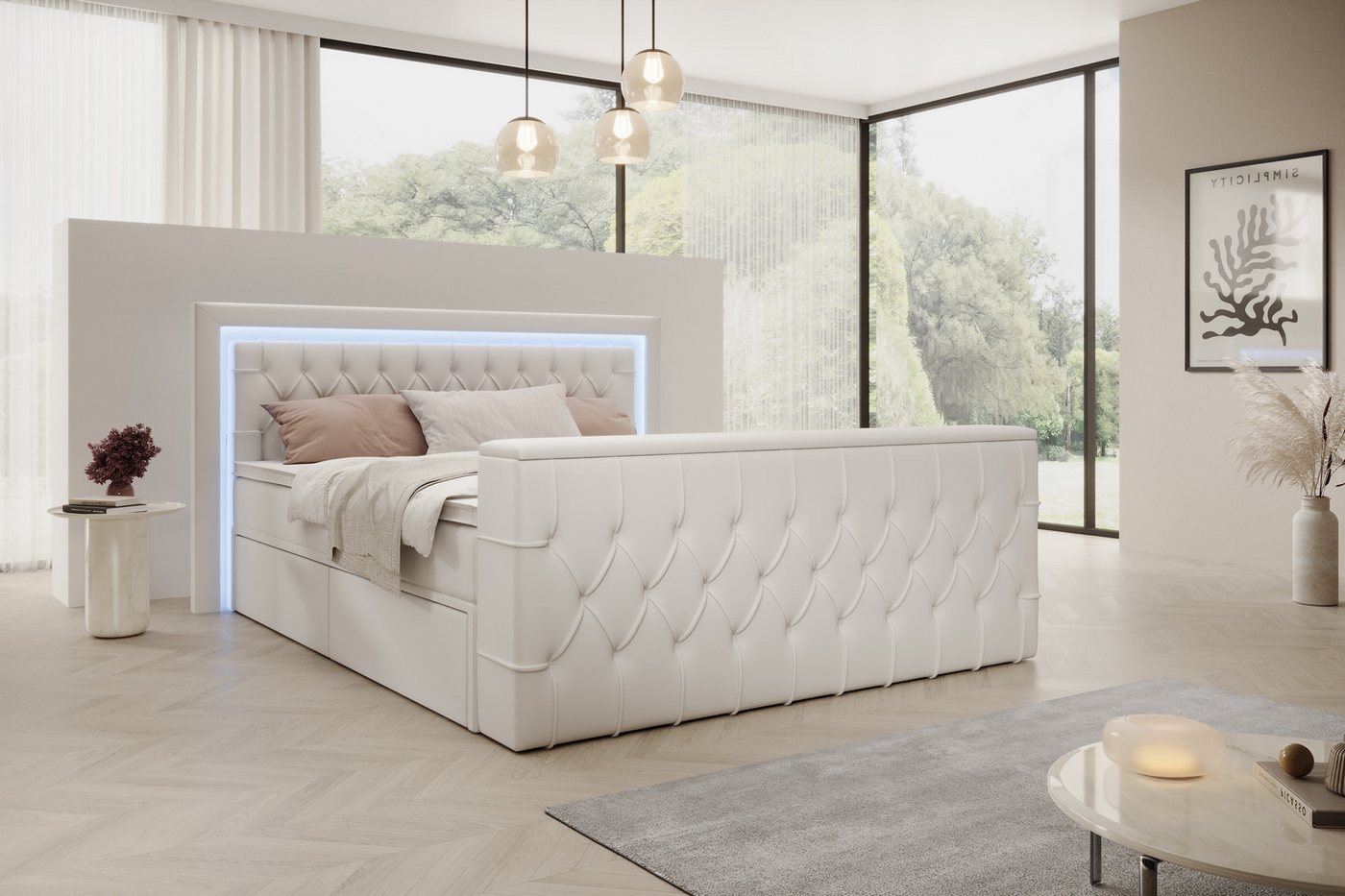 PROMETO Möbel Boxspringbett Doppelbett 180x200 mit Matratze, Schubladen TV-Lift LED Beleuchtung, inkl. 7-Zonen-Taschenfederkernmatratze, TV-Lift im Fußteil, Top – Bild 3 von 5