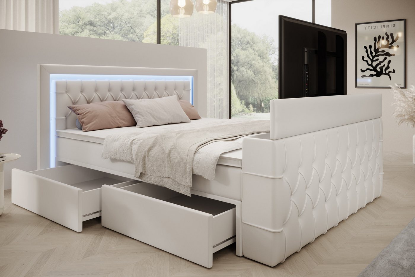 PROMETO Möbel Boxspringbett Doppelbett 180x200 mit Matratze, Schubladen TV-Lift LED Beleuchtung, inkl. 7-Zonen-Taschenfederkernmatratze, TV-Lift im Fußteil, Top – Bild 4 von 5