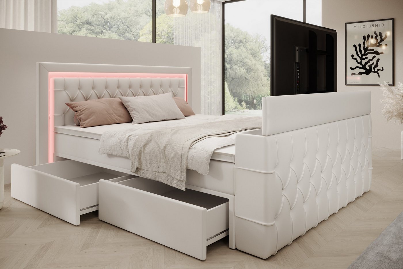 PROMETO Möbel Boxspringbett Doppelbett 180x200 mit Matratze, Schubladen TV-Lift LED Beleuchtung, inkl. 7-Zonen-Taschenfederkernmatratze, TV-Lift im Fußteil, Top – Bild 5 von 5