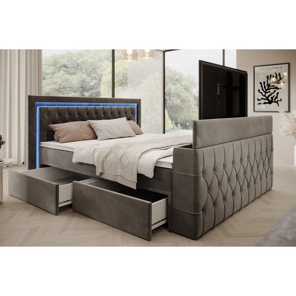PROMETO Möbel Boxspringbett Doppelbett 180x200 mit Matratze, Schubladen TV-Lift LED Beleuchtung, inkl. 7-Zonen-Taschenfederkernmatratze, TV-Lift im Fußteil, Top