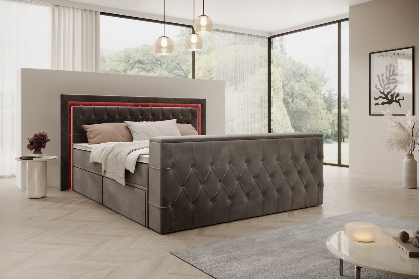 PROMETO Möbel Boxspringbett Doppelbett 180x200 mit Matratze, Schubladen TV-Lift LED Beleuchtung, inkl. 7-Zonen-Taschenfederkernmatratze, TV-Lift im Fußteil, Top – Bild 2 von 5