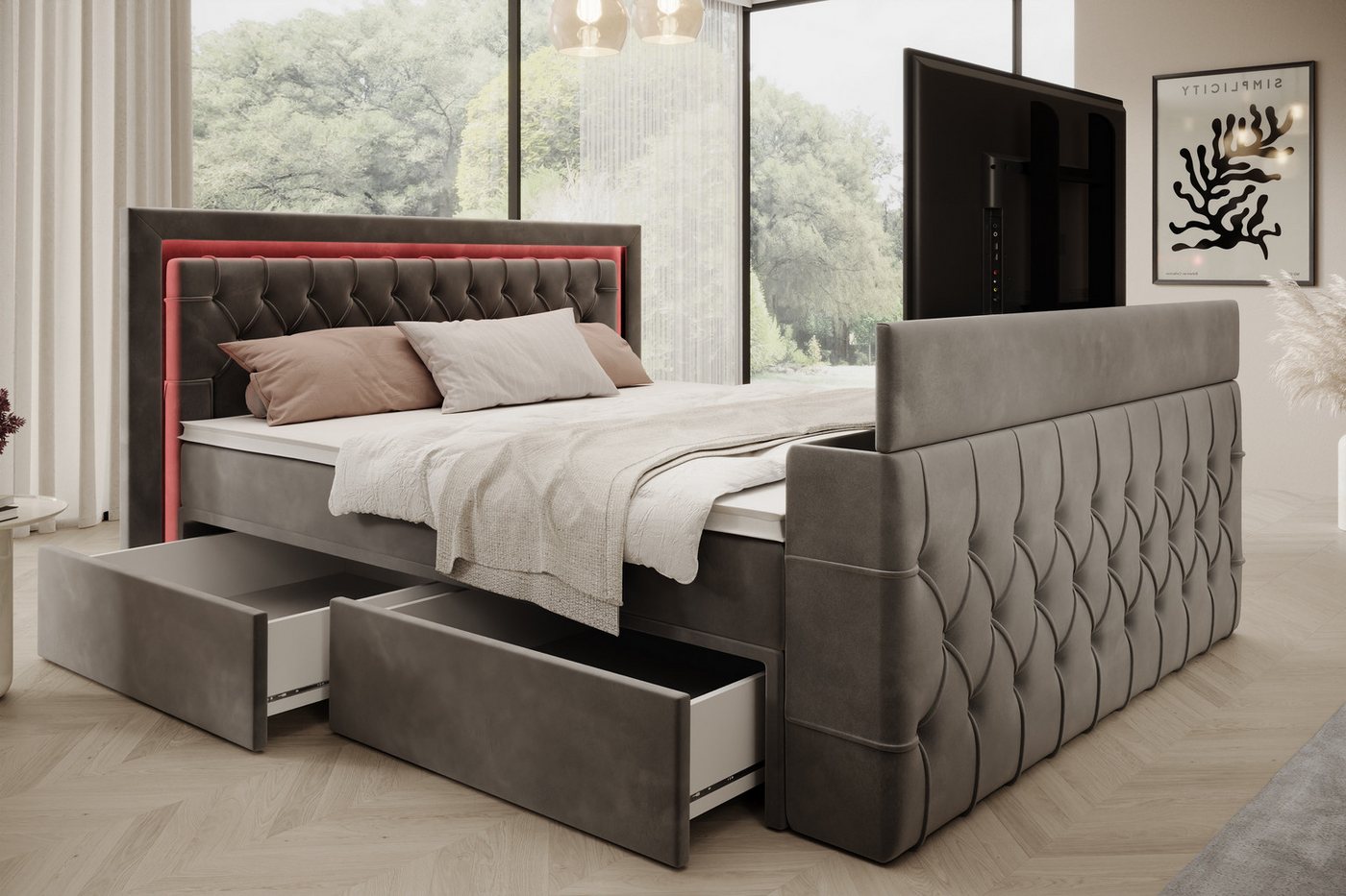 PROMETO Möbel Boxspringbett Doppelbett 180x200 mit Matratze, Schubladen TV-Lift LED Beleuchtung, inkl. 7-Zonen-Taschenfederkernmatratze, TV-Lift im Fußteil, Top – Bild 3 von 5