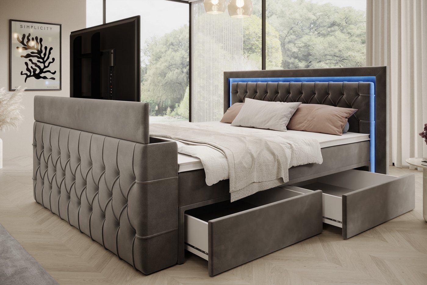 PROMETO Möbel Boxspringbett Doppelbett 180x200 mit Matratze, Schubladen TV-Lift LED Beleuchtung, inkl. 7-Zonen-Taschenfederkernmatratze, TV-Lift im Fußteil, Top – Bild 4 von 5