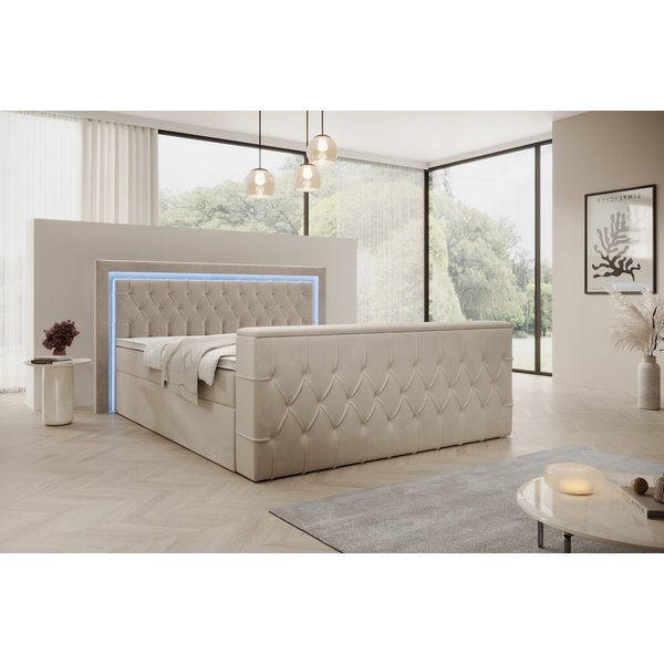 PROMETO Möbel Boxspringbett Doppelbett 180x200cm mit Matratze, Bettkasten TV-Lift LED Beleuchtung