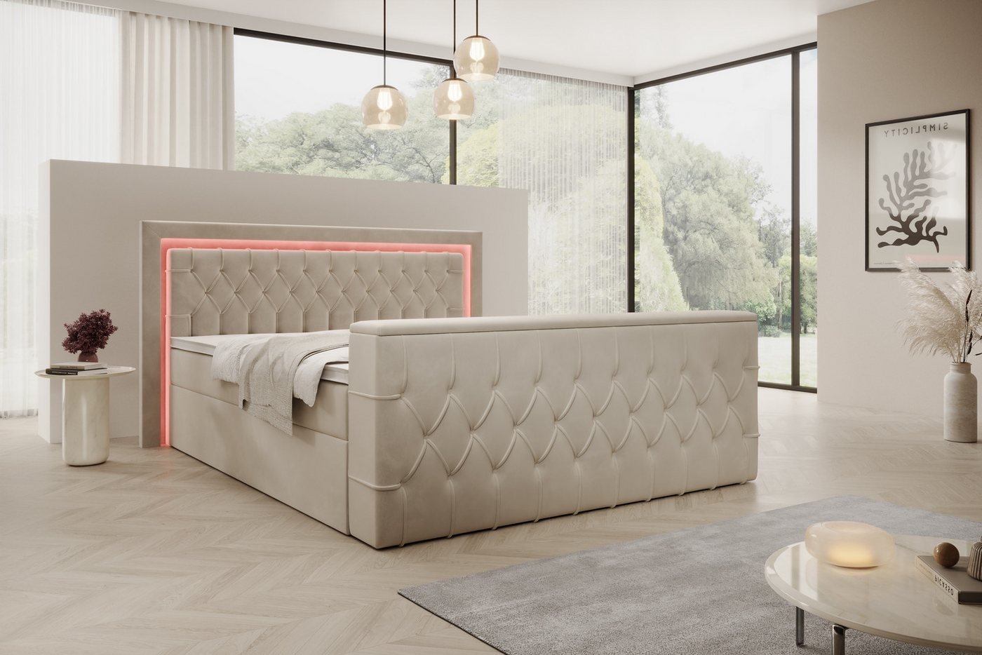 PROMETO Möbel Boxspringbett Doppelbett 180x200cm mit Matratze, Bettkasten TV-Lift LED Beleuchtung – Bild 2 von 5