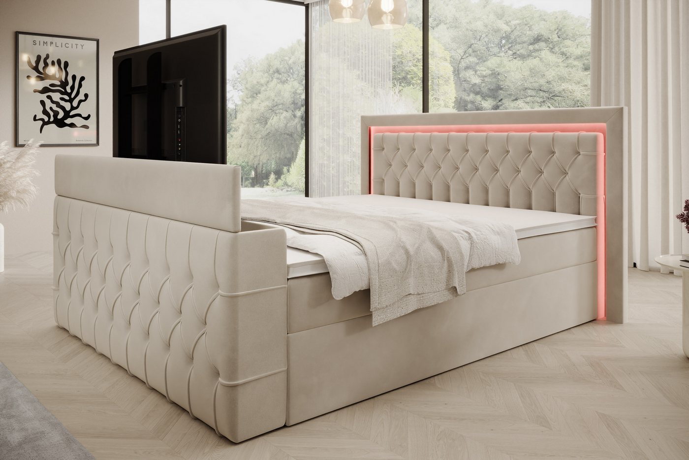 PROMETO Möbel Boxspringbett Doppelbett 180x200cm mit Matratze, Bettkasten TV-Lift LED Beleuchtung – Bild 3 von 5