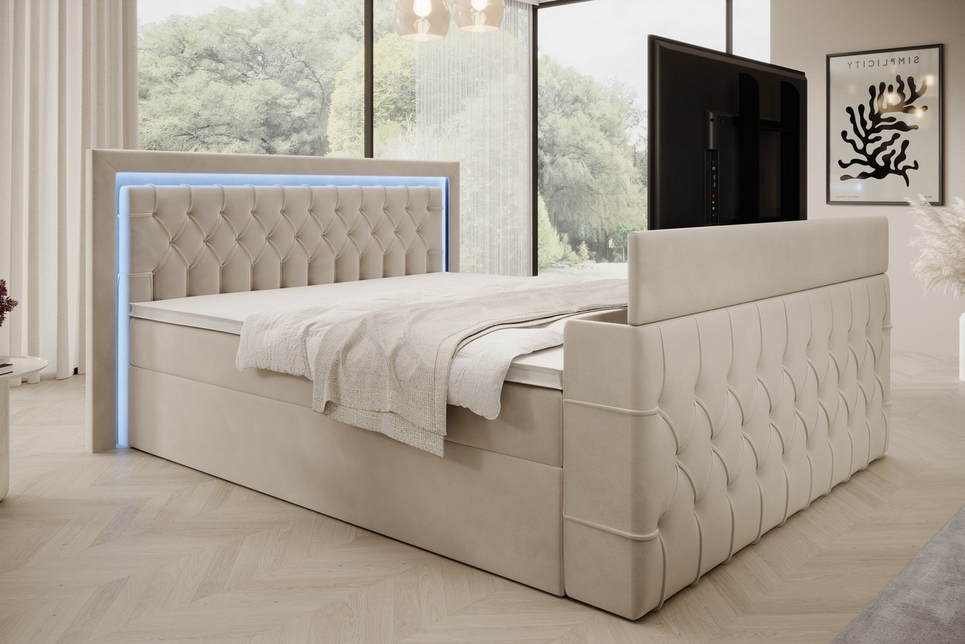 PROMETO Möbel Boxspringbett Doppelbett 180x200cm mit Matratze, Bettkasten TV-Lift LED Beleuchtung – Bild 4 von 5