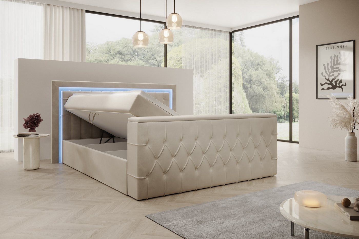 PROMETO Möbel Boxspringbett Doppelbett 180x200cm mit Matratze, Bettkasten TV-Lift LED Beleuchtung – Bild 5 von 5