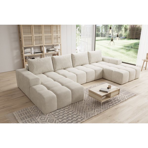 PROMETO Möbel Ecksofa Couch U-Form, Sofa U-Form Teddy-Bouclé, Web oder Cord-Stoff Cento