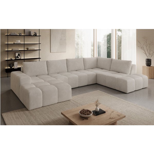 PROMETO Möbel Ecksofa U-Sofa, Große Sofa im Cord-Stoff, Teddy-Boucle oder Web, 2 Ottomanen, Großes U-Sofa mit Cordstoff-Bezug, zwei Ottomanen
