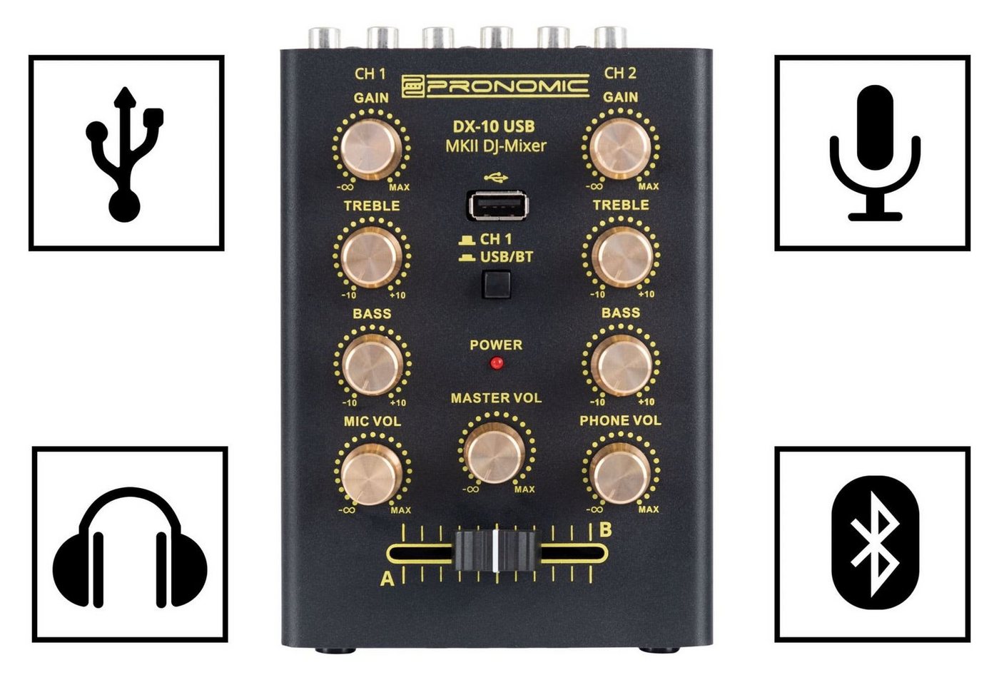 Pronomic DJ Controller DX-10 USB MKII DJ Mixer - 2-Kanal-DJ-Mixer mit 2 Line-Eingängen, (2-Band Equalizer), Bluetooth-Schnittstelle und USB-Player – Bild 3 von 5