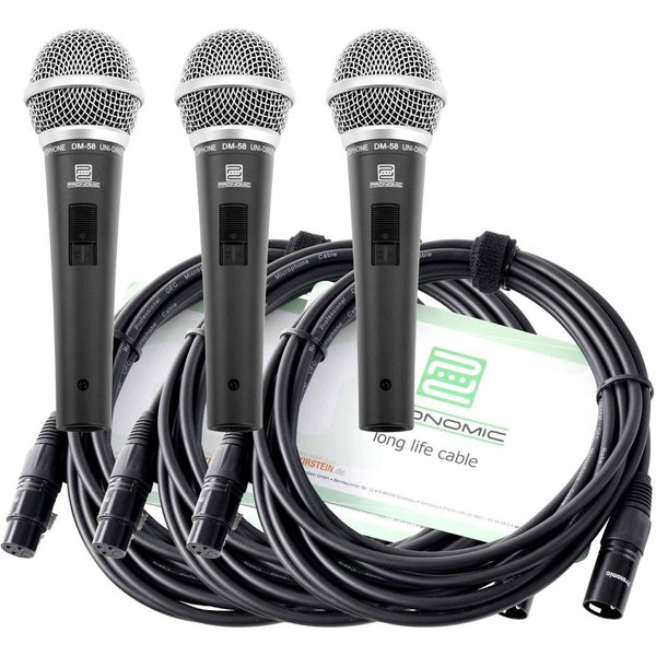 Pronomic Mikrofon DM-58 Dynamisches Gesangs Mikrofon mit Schalter (inkl. 3x Mikrofone und 3x 5m XLR Kabel, 6-tlg), Richtcharakteristik: Superniere