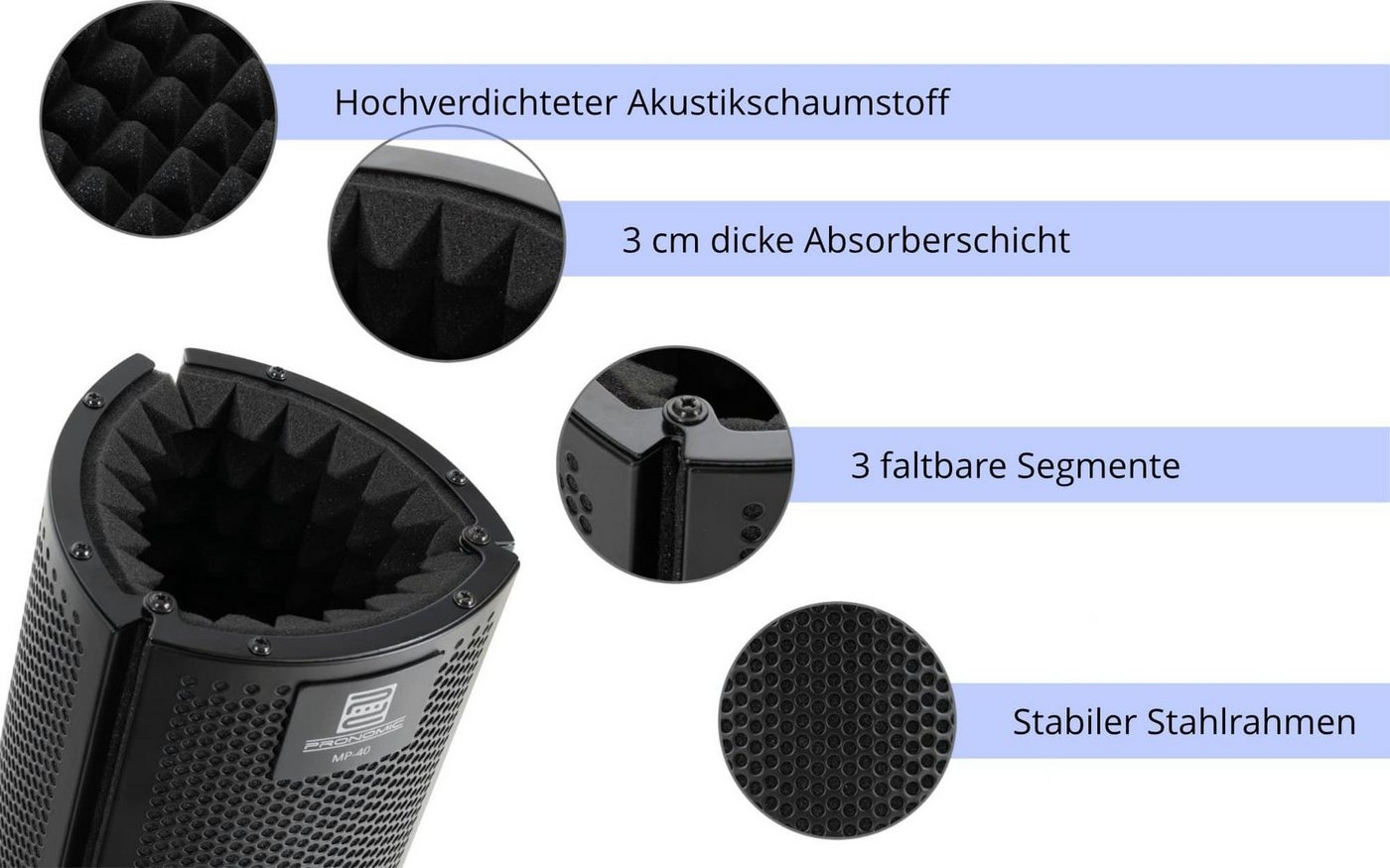 Pronomic Mikrofon-Halterung MP-40 Micscreen-Tischstativ - Ideal für Studio/Podcast & 2 Gelenke, (bis 0 Zoll, verhindert unerwünschte Schallreflektionen oder Ech – Bild 5 von 5