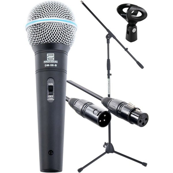 Pronomic Mikrofon Superstar XLR dynamisches Gesangs Mikrofonset (Komplettset), inkl. Galgenständer, 5m XLR-Kabel, Mikrofonklemme