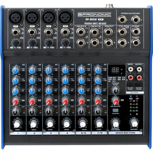 Pronomic Mischpult M-802FX 8-Kanal-Mischpult mit Effektprozessor, mit digitalem 24bit Multieffektprozessor