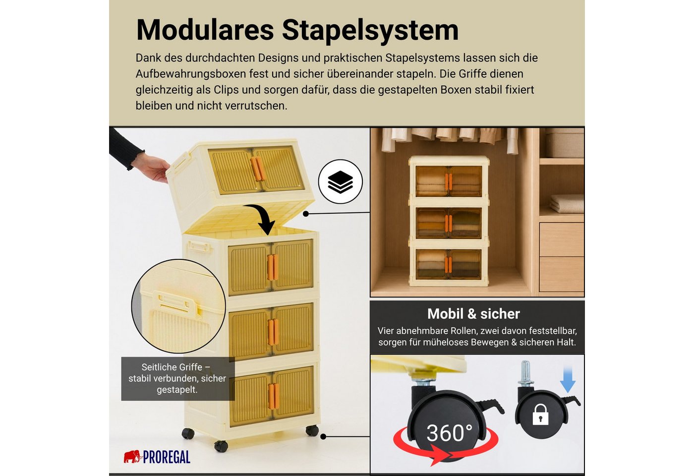 PROREGAL® Aufbewahrungsbox EasyCube stapelbar 4 Ebenen & Rollen Stapelboxen – Bild 4 von 5